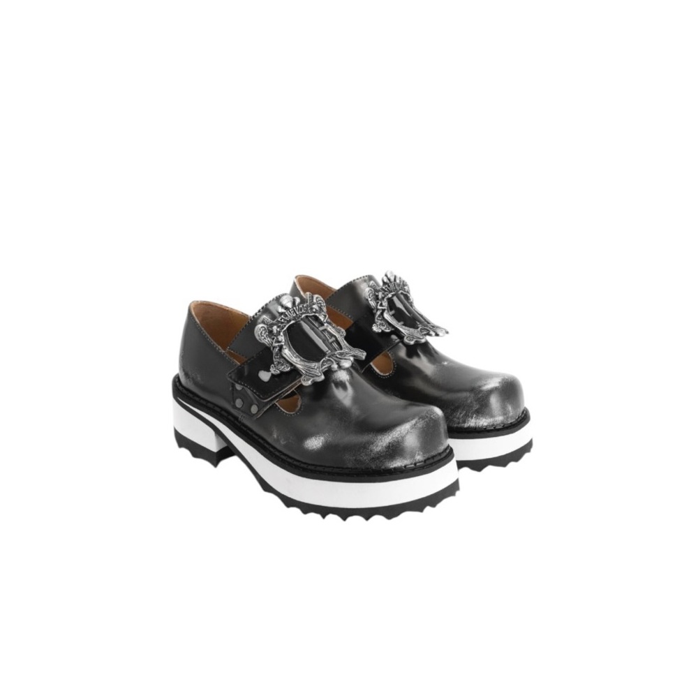 Black Leather Platform Mary Jane Shoes with Ornate Buckle